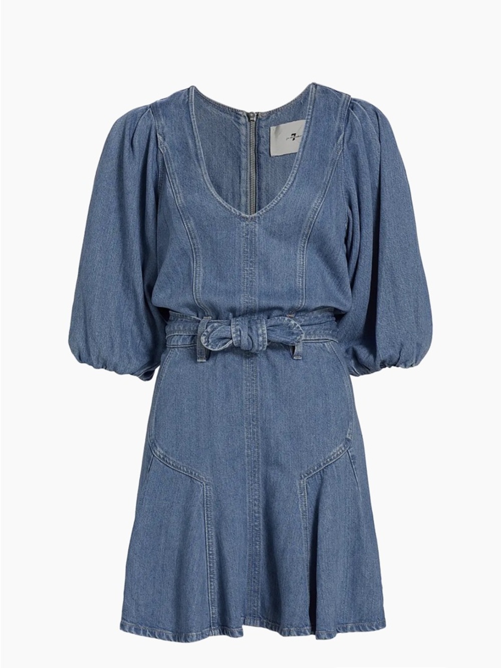 7 For All Mankind denim mini dress V-neckline voluminous puff lantern sleeve - Picture 1 of 11